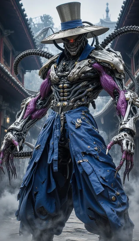 High quality, 8K Ultra HD. Imagine F.A.N.G from Street Fighter V mutated by the Cauliflower Virus, transformed into a terrifying biomechanical monster. He wears a wide-brimmed top hat made of aluminum-colored metal. He wears a long coat with long, wide sle...