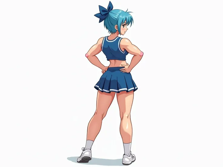 "A nsfw comic book-style full-body image of Anthea Fox,  stands confidently in a sexy blue cheerleader outfit with a short pleated skirt and fitted top. Short,  blue hair, is pulled into a high ponytail, secured with a matching blue bow.  an athletic yet p...