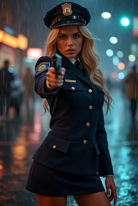 1 Female、American Beauty、Super beautiful、Facial beauty、blue eyes、Standing、New York Police Uniform、mini skirt、Golden Hair、Night Street、Backlight、The wind is blowing、it&#39;s raining、He is looking intently at the barrel of the gun.、Thigh-up shot、pointing pis...