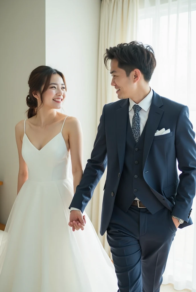 A 20's Korean couple holding hands and walking in an indoor setting with natural light. The man, on the right, wears a dark blue suit with a patterned tie and a white pocket square, looking at the woman cheerfully. The woman, on the left, wears a white V-n...