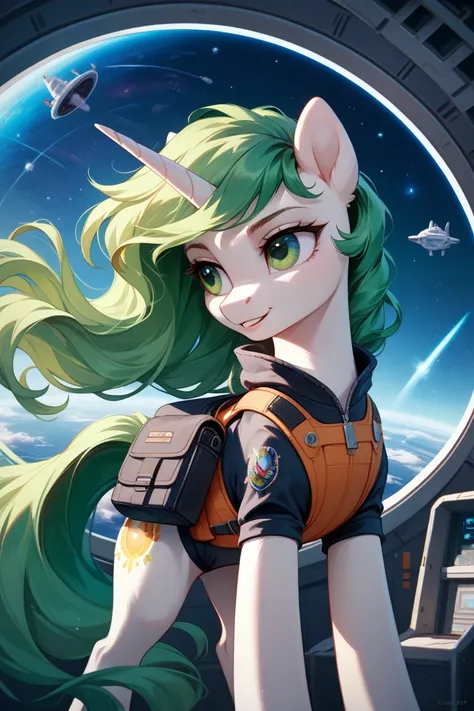 Black pony unicorn. Bright green mane. Long straight mane.  green eyes.  she's wearing a backpack .  Pony in space, spaceship nearby 