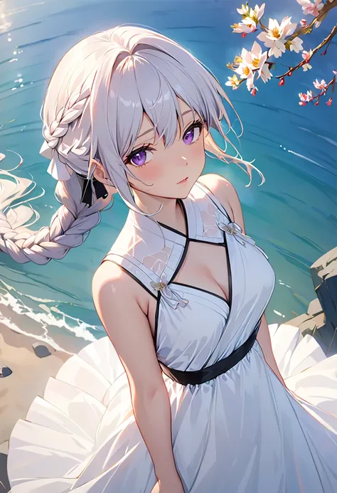  1 girl completely naked, Hi-Res,   high quality,   Masterpiece, mxmkWhiteDress,  Shoulders,   purple eyes, white dress,  braided