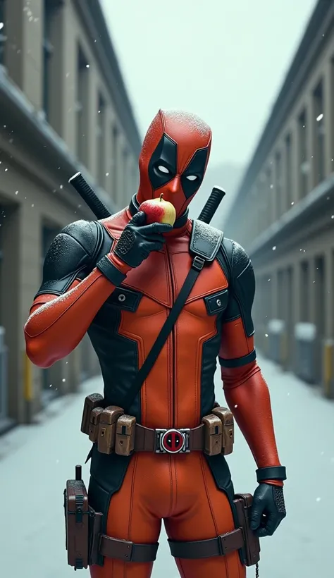 Deadpool in orange prison uniform eating an apple in a snowy jail yard,  ultra realistic and professional images 