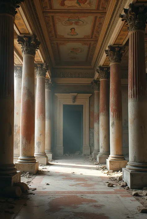 The interior of a ruined Roman palace ,  with faded frescoes on the walls and fallen columns scattered across the cracked marble floor."