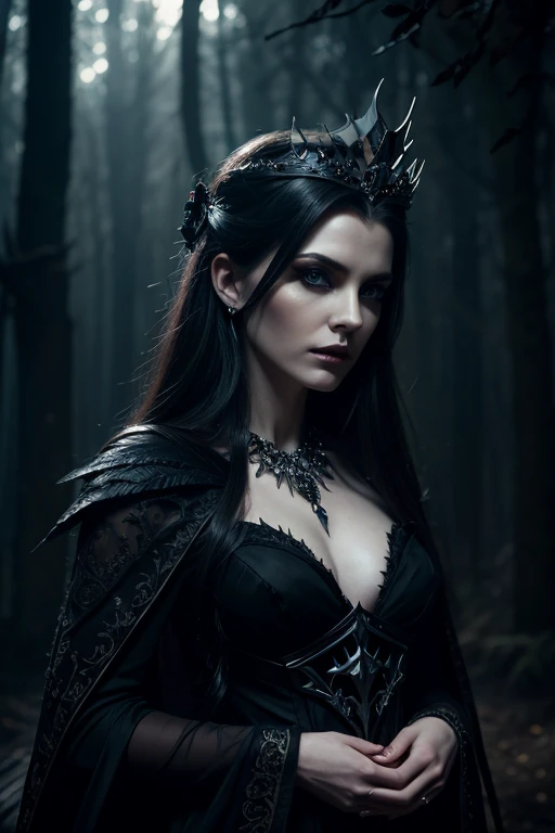 evil fey queen, grim expression, darkness, elaborate dark dress, fantasy art, detailed facial features, piercing eyes, high cheekbones, pale skin, crown, dark forest background, moody lighting, dramatic shadows, intricate jewelry, black feathers, dark magi...