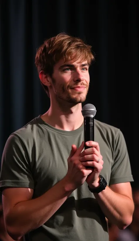 handsome male like a Liam Hemsworth,  wearing a casual clothes speaking with microphone highlights with Men Wedding Ring detailed, innocent face, natural fringe hair, hazel eyes, Handsome 1 people, 1 people handsome, Casual clothes, A hyper-realistic, Prai...