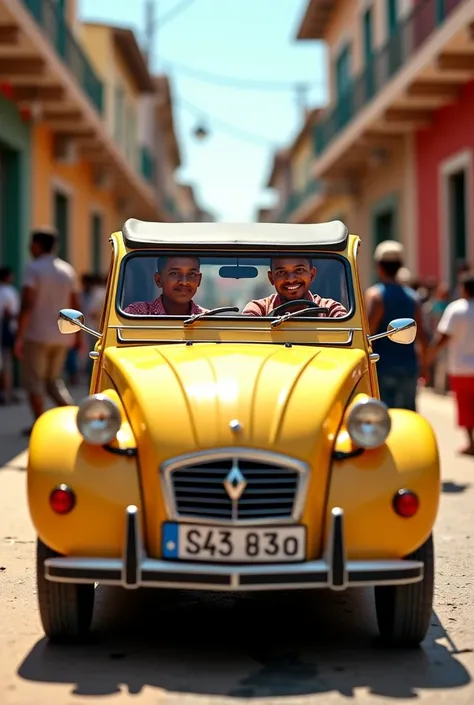 Malagasy man and woman driving Renault  2cv in Tana