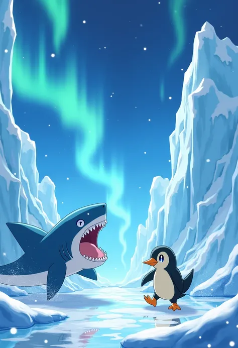 "Create an epic Pokémon battle scene in anime style,  highly detailed and vibrant . Show a cute Pokémon penguin, but determined, with glowing eyes and an icy aura around it, facing a fierce and powerful Pokémon shark, with sharp teeth and an intimidating a...