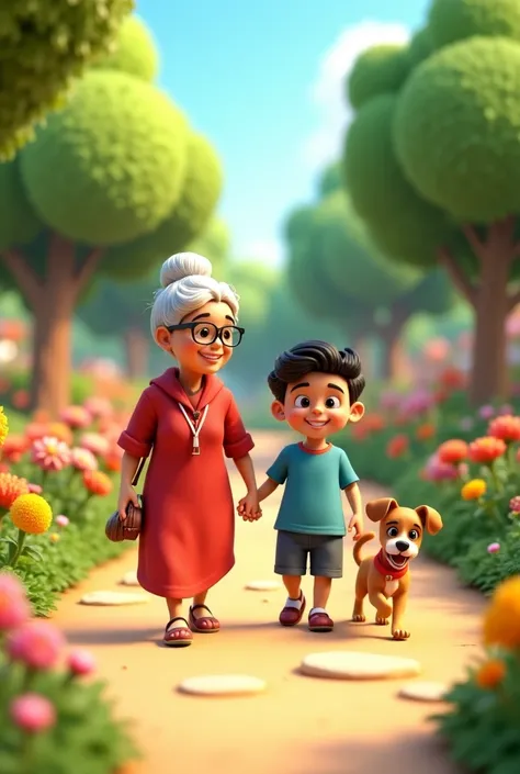 3d cartoon Stylish The grandmother holds Ahmed's hand as they walk toward the garden, with Tommy happily running alongside them.
