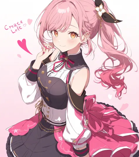 1 girl, Create a stylish female character from Project Sekai, Who has pink hair with a ponytail on the left side and who wears clothes "Kawaiicore"