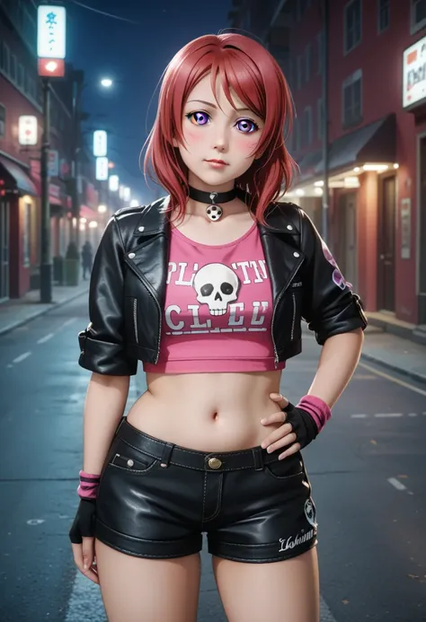 Maki nishikino,love live, hyper realistic,highres,red hair , purple eyes ,blush ,looking at viewer ,thick thighs , night , cowboy shot,front view, cold expression, gothic paint,pink crop top with circuit patterns, high neckline , sleeveles,shiny Black leat...