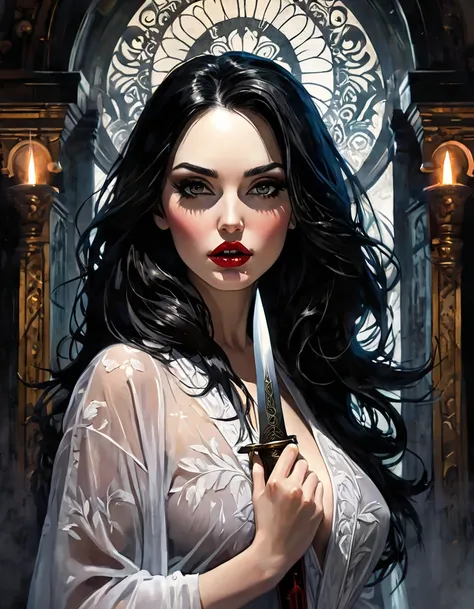 sexy girl, long black hair , dressed only in a transparent robe, medium breasts, holding a bloody dagger, , inside a dark temple with a large dome, dark ritual, dark art, black and white sketch style, art inspired by Bill Sienkiewicz and Dave McKean, (best...