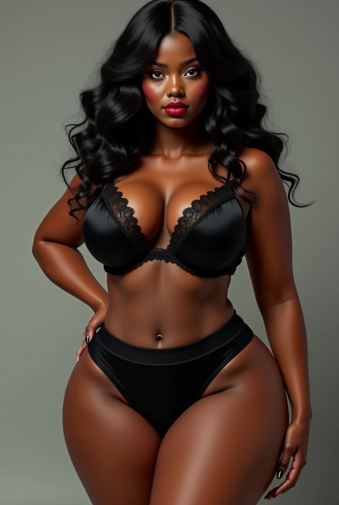 Super sexy thicc busty beautiful black big woman with massive boobs, massive hips, massive curves, massive ass, black bra, black boxers