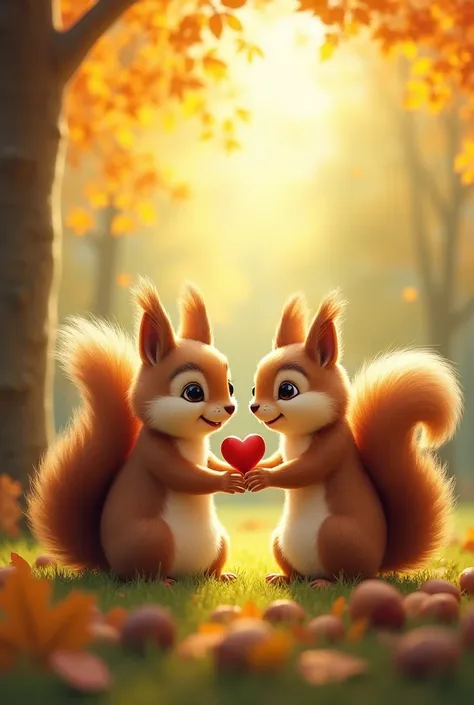 A squirrel who gives a heart-shaped hazelnut to his squirrel wife