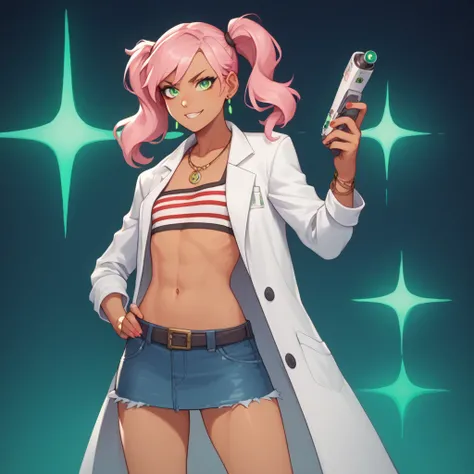 A digital illustration of a confident, dark-skinned female scientist. She wears a modern lab coat over a stylish crop top paired with jean skirt and red-striped long socks. Her long, pink hair is styled in twin tails with delicate sidelocks framing her fac...