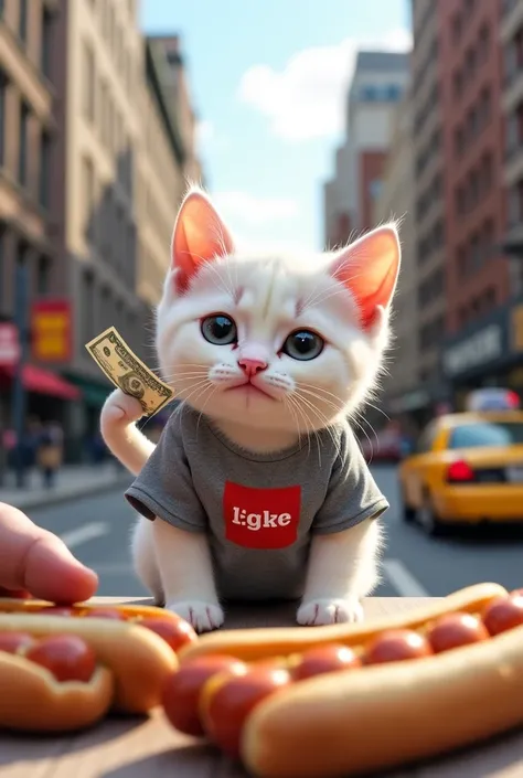 A highly detailed ultra-realistic The image is a digital illustration of a white kitten sitting on a table in a busy city street. The kitten is wearing a grey t-shirt with a red logo on it and is holding a dollar bill in its paw. It is looking directly at ...