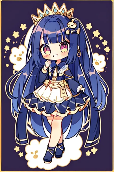 Chibi:1.5、top-quality、beautifullydetailedbackground、1girl in, Dark blue hair, Long hair, Smile, princess dress, Golden eyes, Looking at Viewer, Full body,