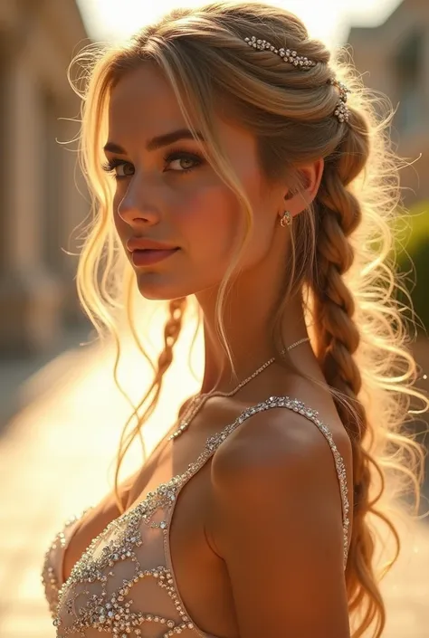 A BEAUTIFUL woman with golden hair,hair braided in ponytails on the sides,a white dress on a girl studded with rhinestones,sparkling in the sun,art style,neon style,beautiful,close-up,16k,detailing