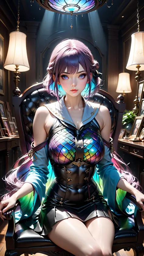 (1girl), (human), (Aeonis Serah Lumira) , (very long smooth straight dark purple hair and inner dark iridescent hair), (detailed dark iridescent eyes) , (aesthetic body) , (sitting in a room on chair wearing sefuku) , (Realism) ,(masterpiece) , (very aesth...