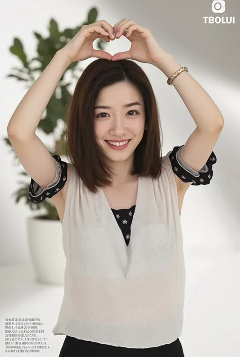 smile making a heart shape with hands:2.0、Tilt your face slightly to the right ;2.1 (Ultra-precise human anatomy , top quality、 RAW photo、8k、32K、 masterpiece on penis 、 realistic 、 photorealistic :1.37)、Cute Japanese women images、 tank top in front of u...