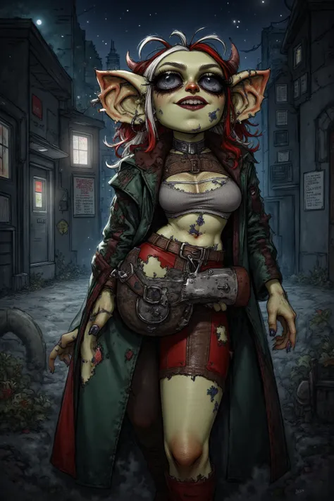 Harley Quinn being transformed into a goblin. GobGirl, shrinking, pale skin, extra short, shorter than a mouse, long ears, large ears, piercings, white skin, monster_girl 1girl, pointy ears, goblin, shortstack, breasts, long pointy ears, earrings, ripped c...