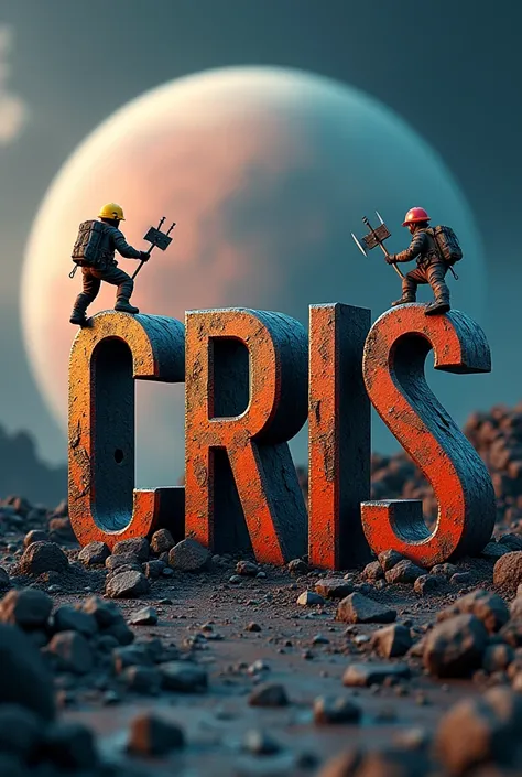 image of a 3d logo with text "CRIS", with deteriorated metal letters, mining style, 2 mining people create the structure with picks and bars, primary colors, a futuristic planet in the background, hd, 8k, realistic