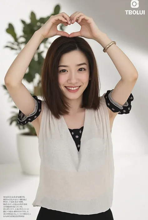 smile making a heart shape with hands:2.0、Tilt your face slightly to the right ;2.1 (Ultra-precise human anatomy , top quality、 RAW photo、8k、32K、 masterpiece on penis 、 realistic 、 photorealistic :1.37)、Cute Japanese women images、 tank top in front of u...
