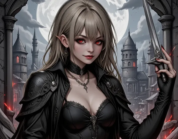 Arafed, dark fantasy art, gothic art, a picture of a vampire ready for battle, female vampire, armed with a sword, wearing heavy armor LnF, armed with a sword, shining sword, ultra detailed face (intricate detailed, Masterpiece, best quality: 1.4), pale sk...