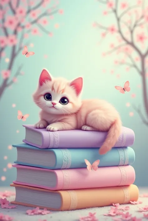 I would like to create a pastel-colored book cover with a cat on top of pastel-colored books

