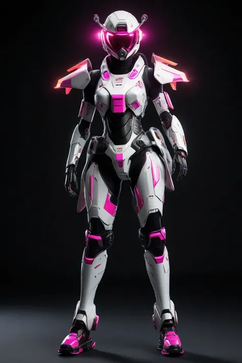 A girl wearing a full body futuristic robot armor, wearing a mask that covers her entire head and face, a futuristic Zet pack on her back and emitting fire, her legs have a rocket that emits fire, holding a rocket gun.a futuristic swat automaton, glowing o...