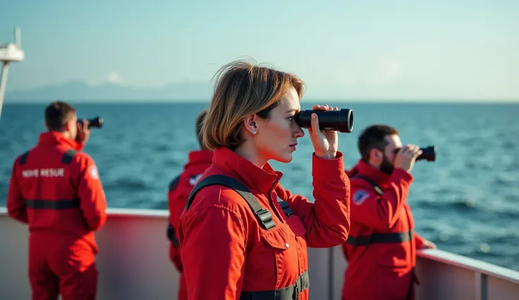 Imagine A Rescue Beautiful USA Woman Short Cut Straight Hairs Standing With Her Team On The Big Rescue Ship In The Sea, Woman Watching In Binocular, Red Rescue Uniform 