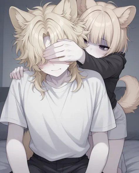 Femboy, short, fluffy messy pale blonde hair, bangs covering eyes, flushed and pale skin, puppy tail and ears, feminine male