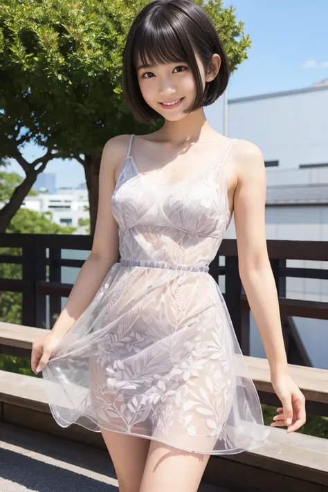  Japanese、 cute、 teenage woman 、Short Hair、smile、 see-through dress、Sheer pattern、clavicle、 thighs、 lifting her skirt 