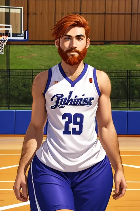 male basketball player, ((((wide hips)))), ((thick thighs)), ginger hair, skinny torso, curvy hips, big beard, small waist, ((hairy thighs)), ((short hair)), ((hairy)), perfect face, outside basketball court