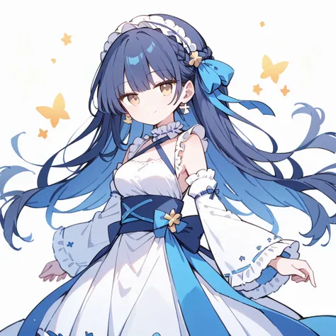 white and blue theme, love theme,  ultra detailed, masterpiece, best quality,, solo, soft smile, light smile,
1girl, golden eyes, very long hair, dark blue hair, long dark blue hair, french braid, bangs, medium breasts,, hair ribbon, frilled choker, criss-...