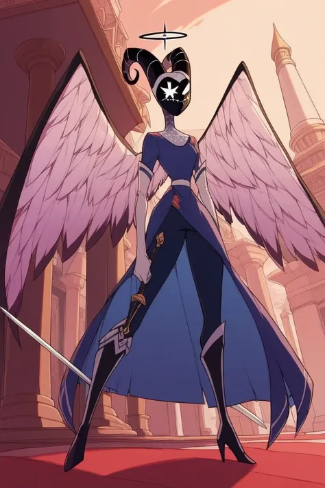 Solo, long skirt, black heels boots, blue skirt, angel wings, white gloves, long gloves, blue halo, black horns, black mask, masked,no face,  masked, horned mask, blue crossed-shaped eye, thin arms, small waist, wide hips, small butt, long legs, smile, blu...