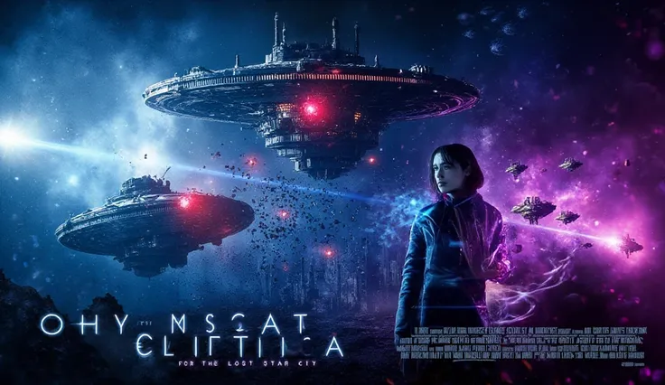 A breathtaking cinematic thumbnail design for the sci-fi film "Ecliptica: The Lost Star City". The central focus is a young woman with short black hair and glowing neon blue highlights standing defiantly in the foreground, her face illuminated by the fiery...