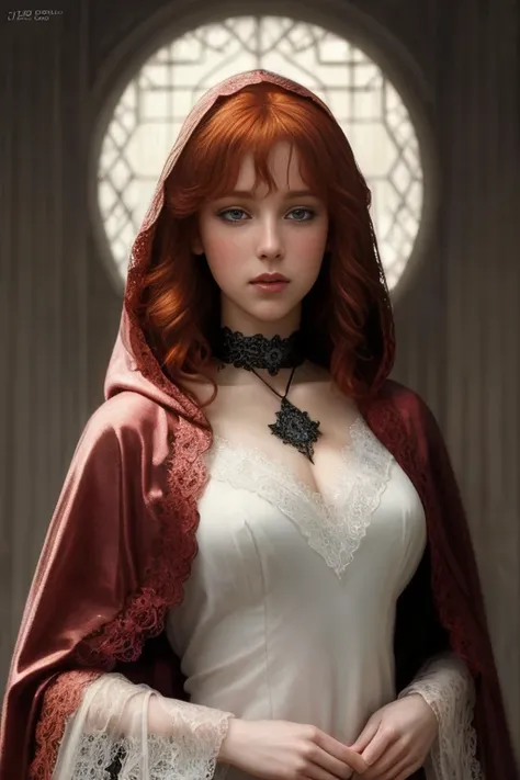 Beautiful redhead (paladin:1.0), wearing a [:sexy:.2] (lace:1.2) hooded cloak [::.3], (gothic choker, ribbons), o-ring collar, fantasy art, concept art, delicate features, feminine eyes, Chiaroscuro , (style of howard chandler christy:1.0), 8k, highest qua...