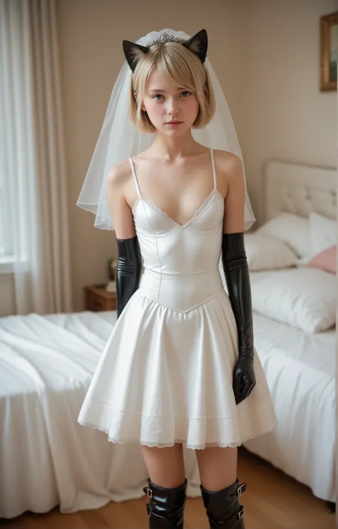  young girl ,  slim ,  blonde hair,  straight short hair,  small breasts,  breasts open,, Cat ears,  masterpiece ,  Anatomically correct , UHD,  super detailed, further away, Wedding dress,  latex black knee boots ,   latex black arm warmers long ,  bedroo...