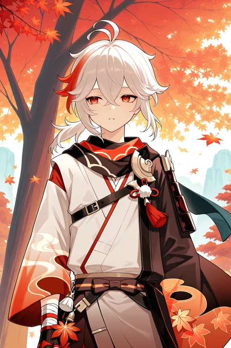 masterpiece, best quality, amazing quality, 1boy, kaedehara kazuha /(genshin impact/), white hair, red hair strand, red eyes, intricate kimono, red autumn leaves, maple trees