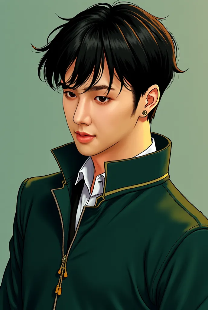 Create an image of a guy with short straight black hair, dark brown eyes, blond skin color, Wearing a slightly serious Slytherin uniform, Manhwa style 