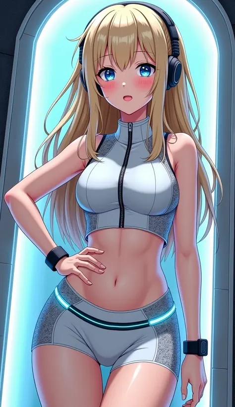 Detailed anime illustration, pixiv style,anime love-live style, zero gravity space. Woman dressed in white spaceship high-tech capsule, cold sleep device. Japanese woman, blonde long hair, blush,shy,wearing futuristic underwear with biosensors and circuit ...