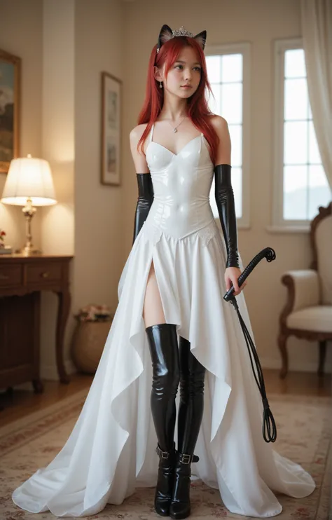  young girl ,  slim ,  red hair top,  straight long hair,  small breasts,  breasts open,, Cat ears,  masterpiece ,  Anatomically correct , UHD,  super detailed, further away, Wedding dress,  latex black knee boots ,   latex black arm warmers long ,  bedroo...