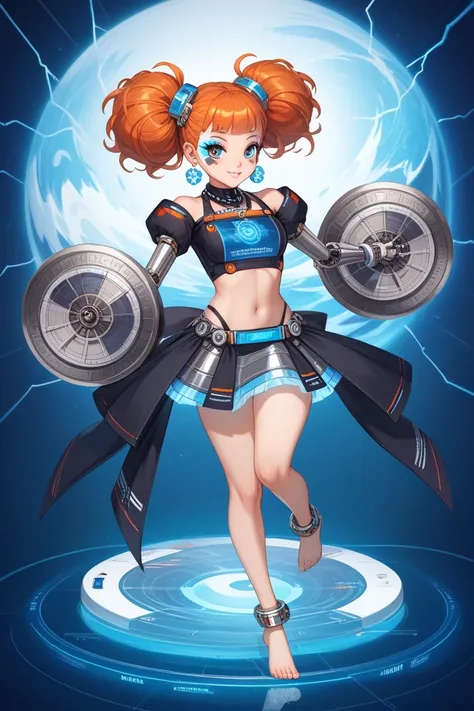 For a magnet-inspired outfit for Orihime Inoue, while keeping her navel and feet visible, here’s the design:

Top

A futuristic, metallic cropped top in silver, black, or electric blue, with magnetic-inspired patterns like swirling lines, magnetic poles, o...