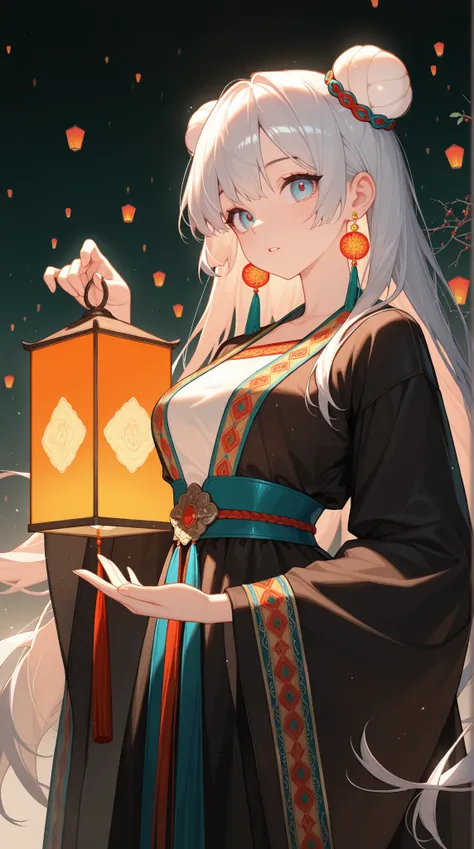 1girl, solo, beautifl long hair, Bun Head, Lantern earrings, the earrings are luminous, Women's traditional clothing, holding a lantern in his hand, BREAK Beautiful and colorful lanterns, 
masterpiece, best quality, extremely detailed, absurdres, very aest...