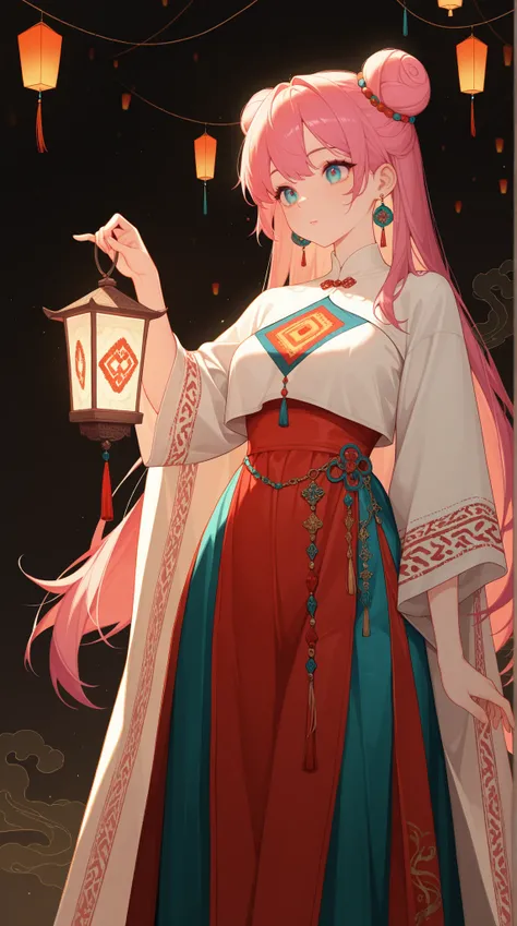 1girl, solo, beautifl long hair, Bun Head, Lantern earrings, the earrings are luminous, Women's traditional clothing, holding a lantern in his hand, BREAK Beautiful and colorful lanterns, 
masterpiece, best quality, extremely detailed, absurdres, very aest...