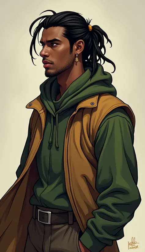 I created an image of an RPG token 
Character: He is a black man with Indian features he wears brown clothes with a green sweater and has a big earpiece true he's a hacker is a wizard his hair is black with treds tied like a ponytail, I want the top view o...