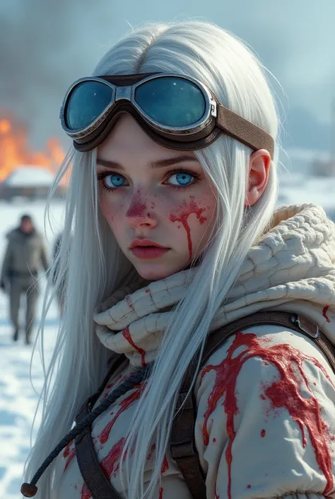 (Highly detailed) (realistic) Young Woman about 27 years old with Blue Eyes and Long White Hair and broken Goggles around her neck. The woman drenched in blood from head to toe. Her head slightly tilted Back and to the Side, Contemplating Expression and cr...