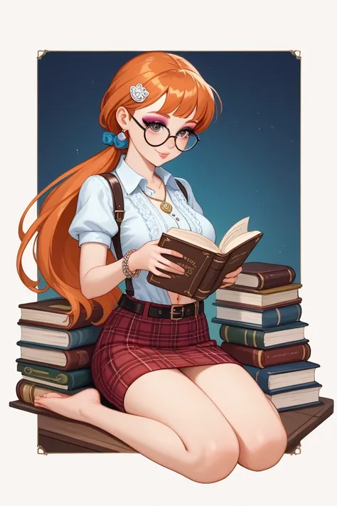 For a book lover-inspired outfit for Orihime Inoue, while keeping her navel and feet visible, here’s the design:

Top

A cropped, cozy sweater in a soft, earthy tone like cream, maroon, or deep brown, featuring book-inspired prints like open books, literar...