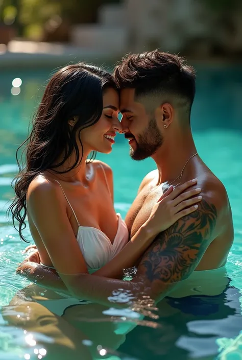 Spotting a crystal clear water resort couple is in the water all wet kissing enjoying together Mujer Angelina,30 years old , wavy blue black hair  , green eyes, cheekbones and marked jaw , fair skin shiny texture , lips with gloss and her husband Rodrigo H...